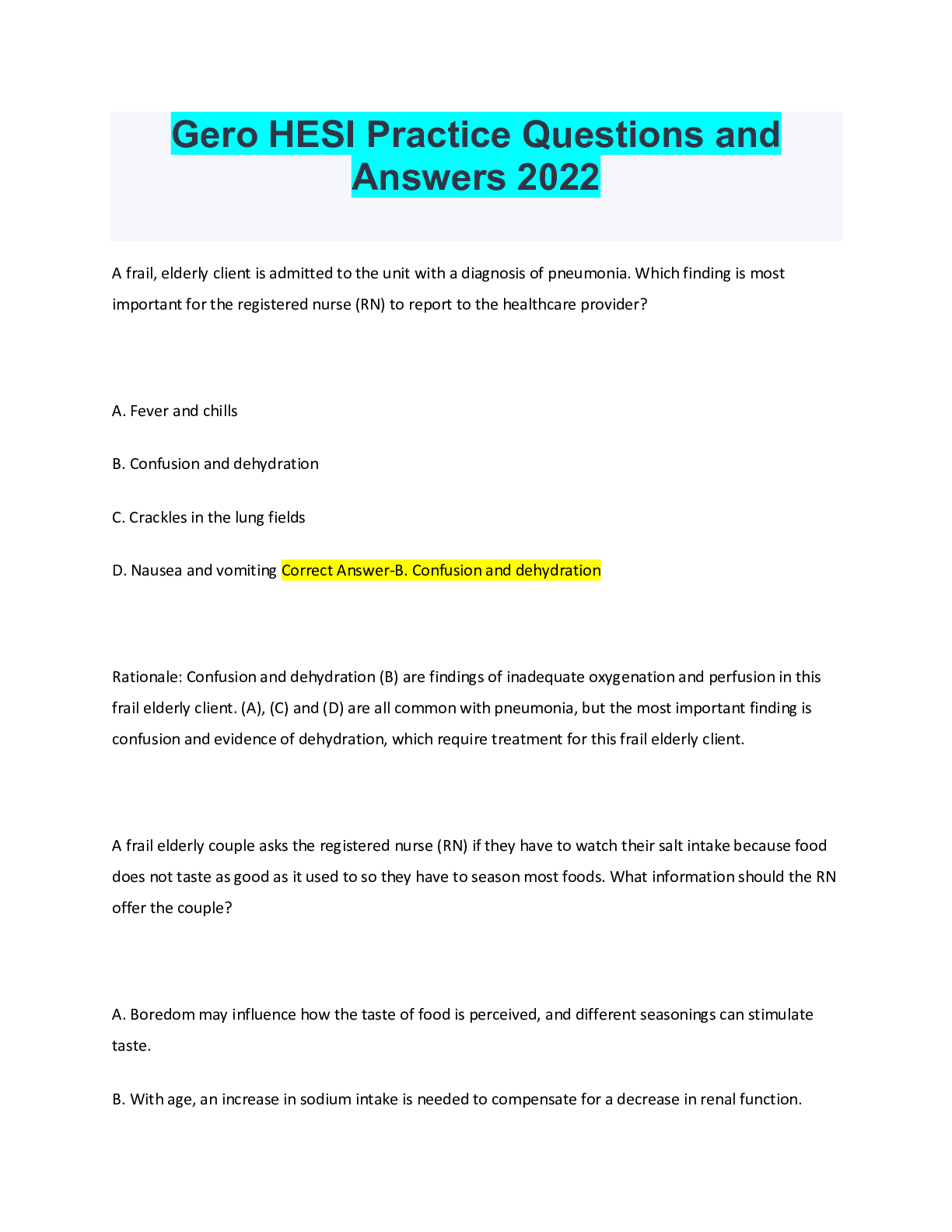 Preview image for Gero HESI Practice Questions and Answers 2022